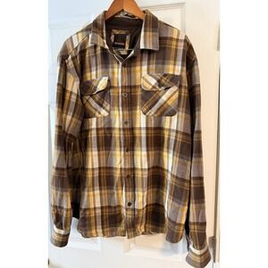 Prana Shirt Men XL Brown Tan Gold Cream Plaid Flannel Long Slv Button Up Organic
